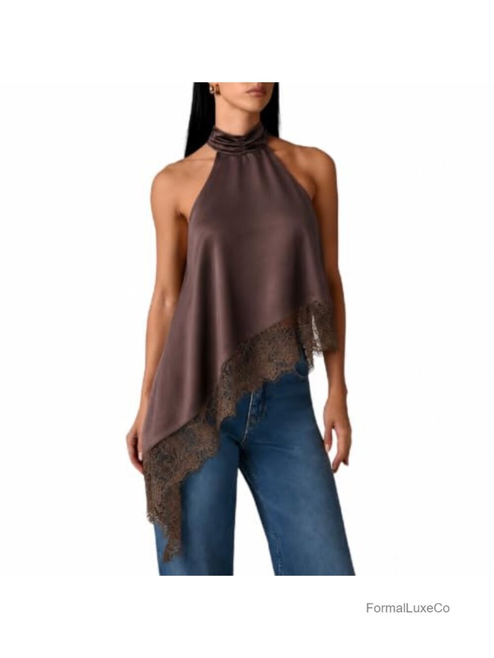 Satin Halter Neck Top Lace Trim Asymmetric Hem Sleeveless Going Out Blouse